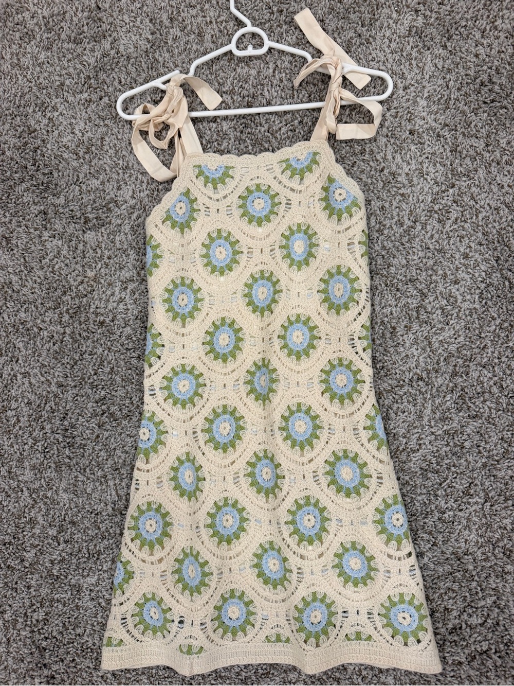 Altar'd State Cream Crochet Dress with Blue and Green Floral Motifs